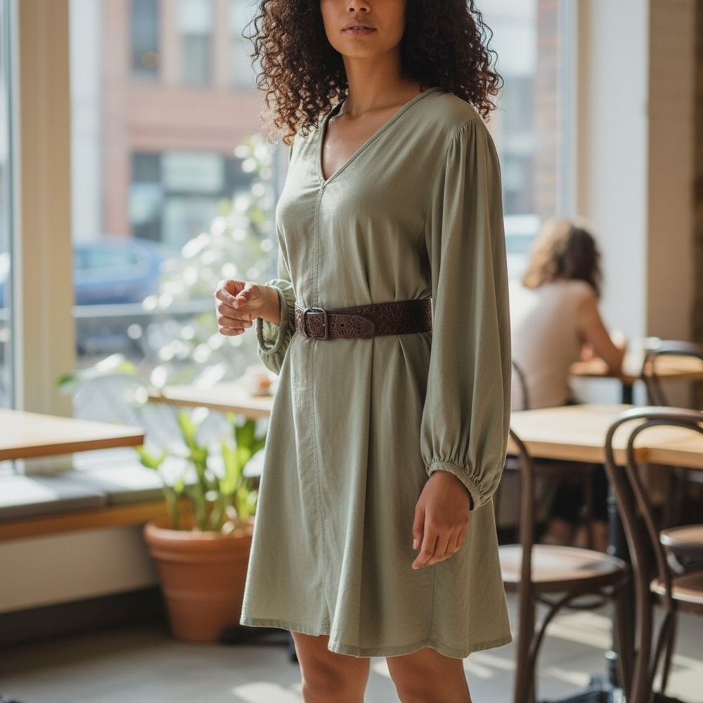 H&M Sage Green Cotton Blend Tunic Dress Balloon Sleeve V-Neck Womens Size S